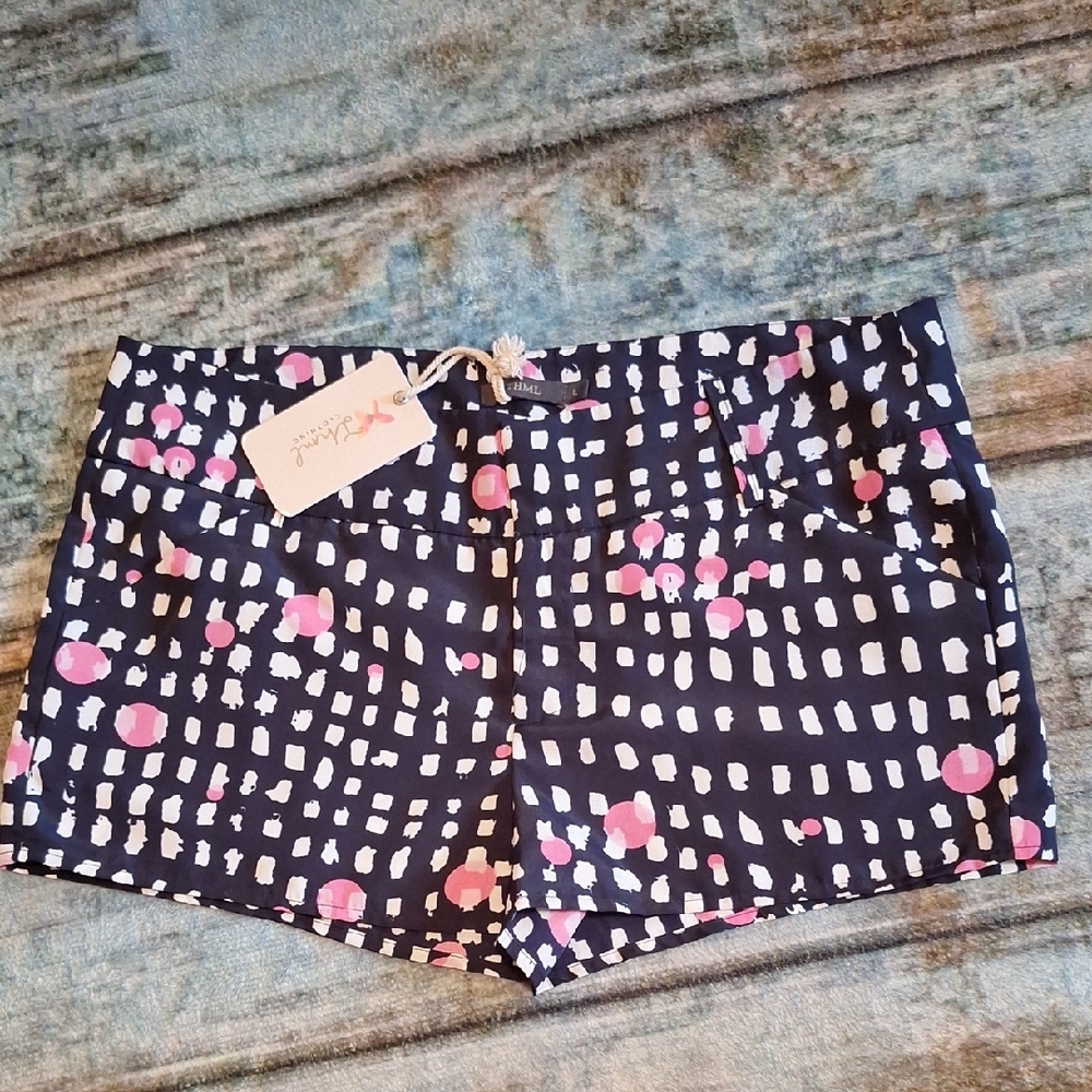 THML Navy Grid Print High Waist Women's Shorts with Pink Spots